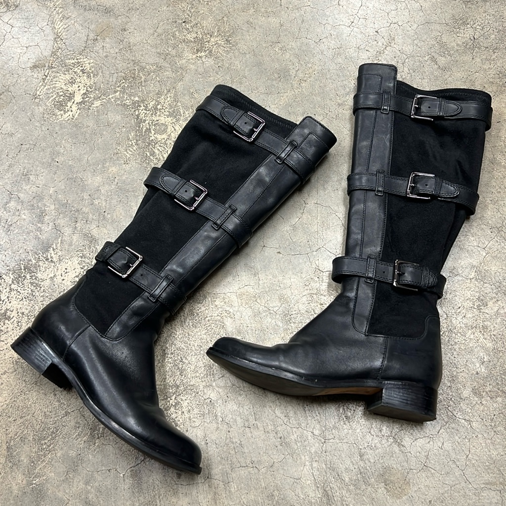 Cole Haan Air Avalon KneeHigh Boots In Black Leather And Suede Triple Buckle